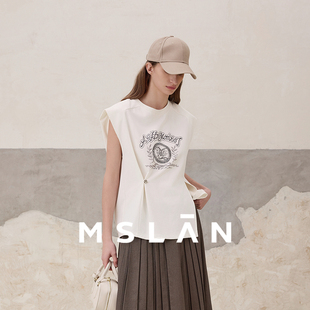 MSLAN个性 坎肩背心宽松圆领小众休闲收腰开衩T恤MGBN448 廓形无袖