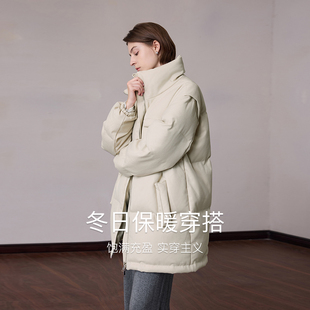 MSLAN立领假两件收腰斜纹翻领90鸭绒羽绒服卡其保暖外套