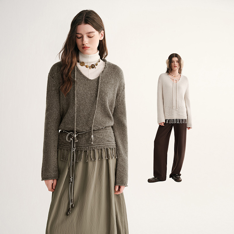 MSLAN都市游牧 复古波嬉风系带V领松弛感毛衣粗针织流苏绞花套