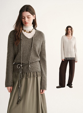 MSLAN都市游牧 复古波嬉风系带V领松弛感毛衣粗针织流苏绞花套衫