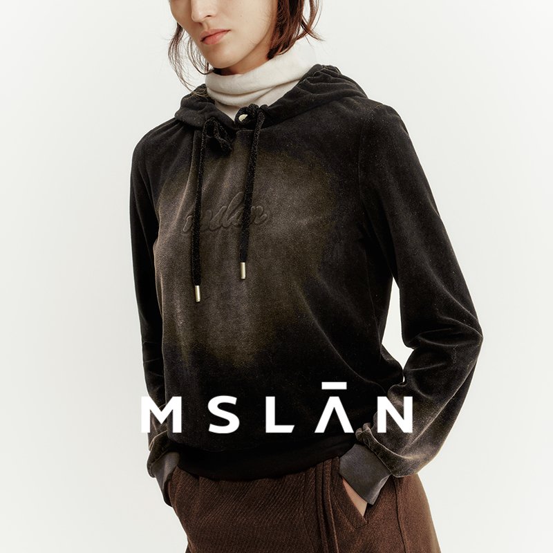 MSLAN丝绒慕斯 复古重工水洗连帽卫衣冬季小个子棉质套衫