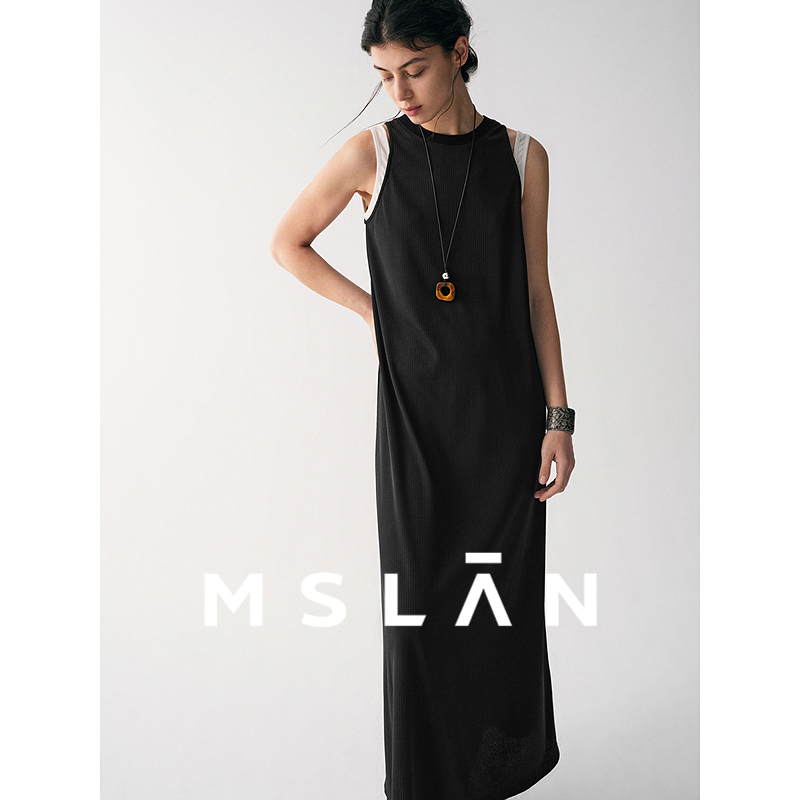 假两件/MSLAN时髦小黑裙 25早秋H型撞色挖空露肩背心裙连衣裙