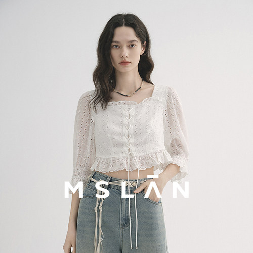 法式绑带复古方领衬衫MSLAN