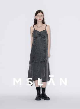 100%莱赛尔|MSLAN夏季抽皱分割牛仔A字吊带裙MFCM4102