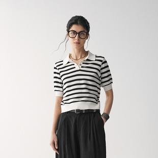 条纹针织套衫 小香风复古短款 MSLAN春季 女MFBV1303 透气亲肤
