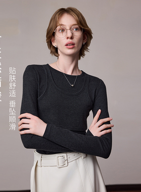 MSLAN假两件针织衫 25秋慵懒圆领正肩收腰醋酸针织衫灰色背心套衫