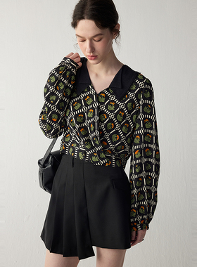 艺术家联名/ MSLAN春夏文艺翻领短款露腰印花套衫MFCM1411