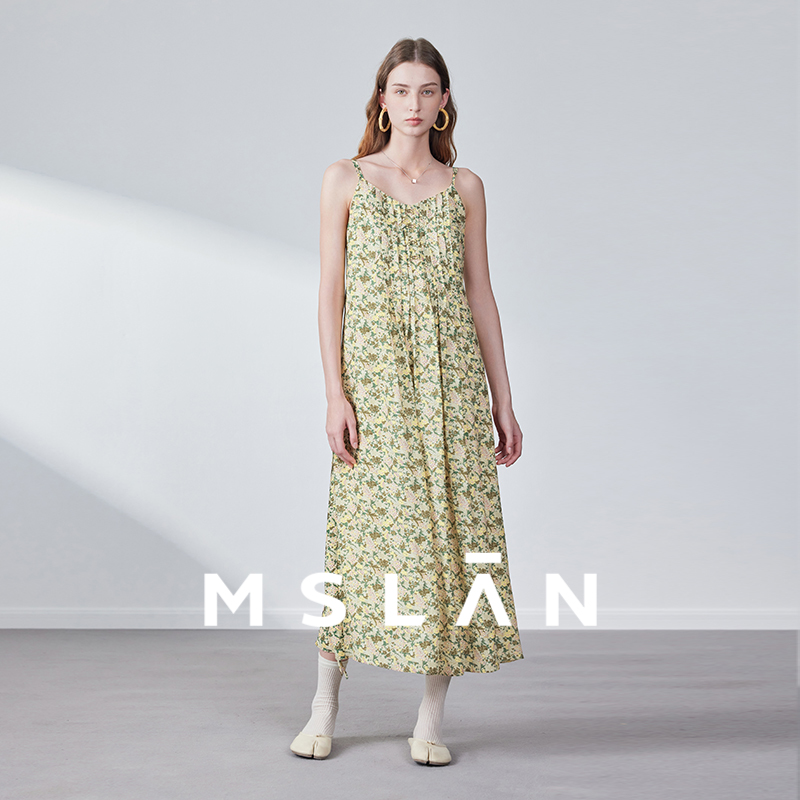 MSLAN复古碎花不规则塔克连衣裙