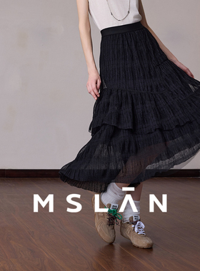 飘逸蕾丝/MSLAN25秋镂空网纱裙 黑色复古中裙半身裙MFDE8205