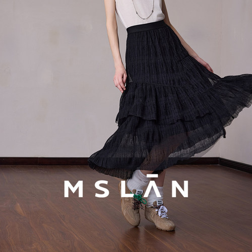 飘逸蕾丝/MSLAN25秋镂空网纱裙 黑色复古中裙半身裙MFDE8205