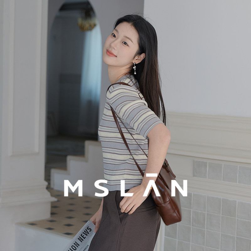 MSLAN学院风条纹设计感短袖针织衫 弹力T恤圆领显瘦修身上衣女