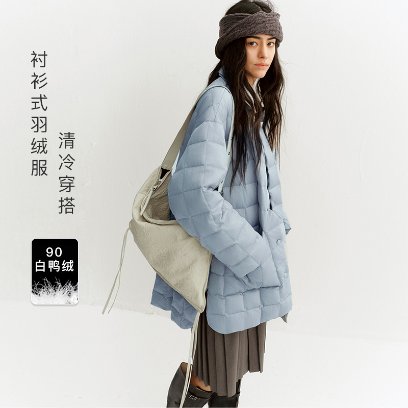 90羽绒/MSLAN减龄方块格轻盈保暖衬衫式蓝色轻薄北海道羽绒服外套