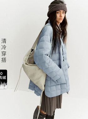 90羽绒/MSLAN减龄方块格轻盈保暖衬衫式蓝色轻薄北海道羽绒服外套