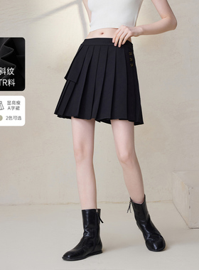 非正式学院/MSLAN夏季不规则A字短裙气质压褶黑色半身裙MFCN8104