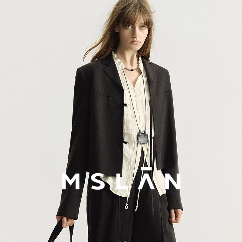 律政女主/MSLAN春季简约气质天丝醋酸截短通勤黑色西装外套小个