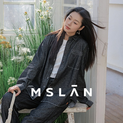 MSLAN早春复古拼接亚麻牛仔衬衫