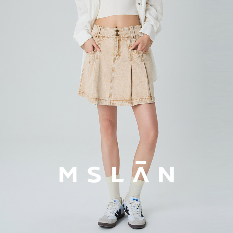 MSLAN美式复古辣妹水洗牛仔短裙A型压褶半身裙