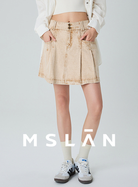 MSLAN美式复古辣妹水洗牛仔短裙A型压褶半身裙