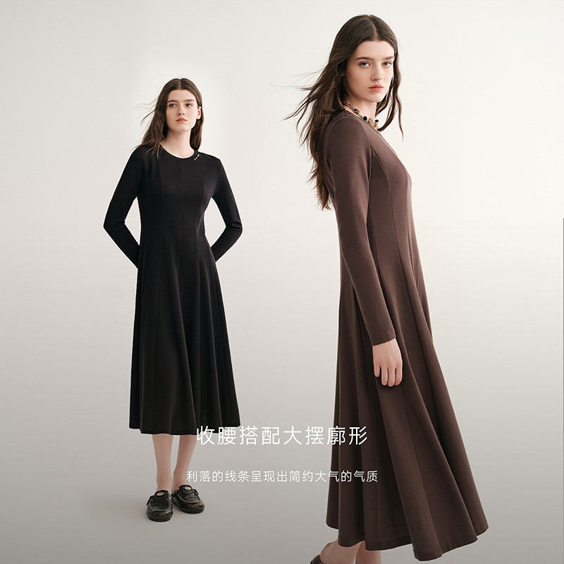 MSLAN杏仁奶糖 法式修身收腰打底裙内搭小个子美拉德长袖连衣裙