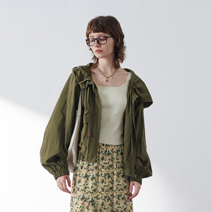 MSLAN轻户外 宽松绿色棉质连帽外套 26春休闲抽绳短风衣工装