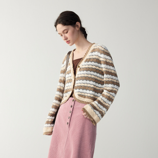 外套MGAW171 MSLAN复古亚麻肌理撞色条纹针织开衫 日落雅丹