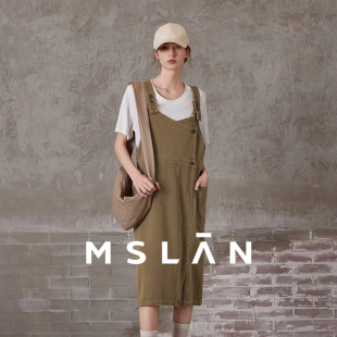 MSLAN浪漫复古棕色牛仔连衣裙女宽松显瘦背带裙