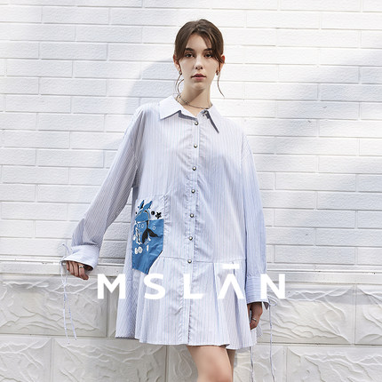 【含腰带】MSLAN春季减龄学院风俏皮条纹领带衬衫连衣裙MFAA4103