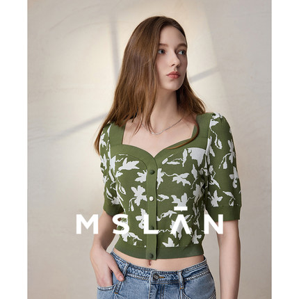 MSLAN春夏复古绿色方领短款小个子印花毛织套衫MFBV1304