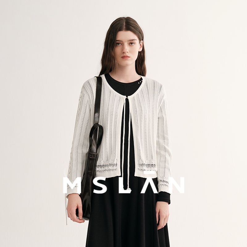 MSLAN复古U领针织微镂空开衫