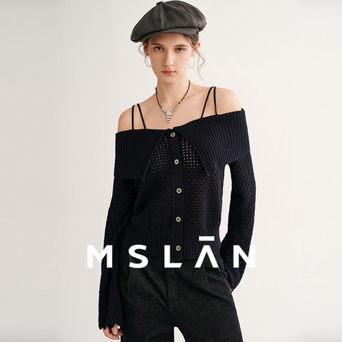 MSLAN丨25秋藏蓝色镂空一字肩 小心机显瘦毛针织衫上衣MGCN408