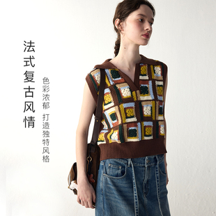 MSLAN费尔岛风 25秋复古彩格针织翻领棕色马夹背心MGAW259