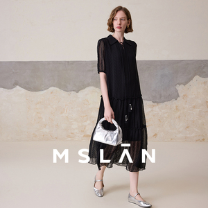 【肌理感】MSLAN春夏复古优雅轻盈宽松V领黑色连衣裙MFBV4119