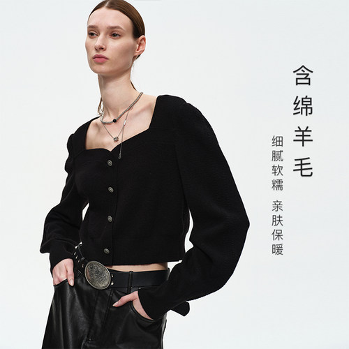 MSLAN25秋冬简约方领通勤小个子针织套衫上衣MGCN116