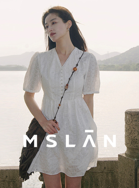 【镂空蕾丝】MSLAN春夏气质度假泡泡袖收腰中长连衣裙MFBM4122
