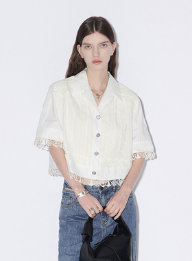 【不易皱】MSLAN春夏优雅轻熟镂空蕾丝短袖棉质短衬衫女MFBA1406
