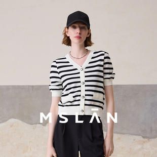 黑白V领条纹收腰针织开衫 MSLAN春季 外套女MFBV2301 亲肤透气