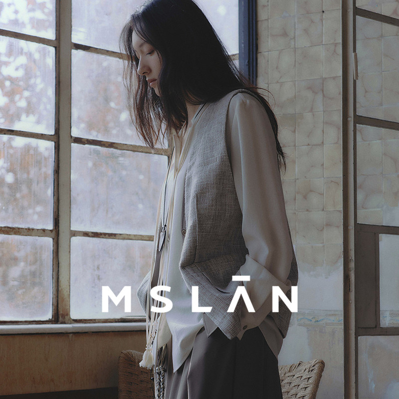 MSLAN春季港风复古气质亚麻编织感假两件马夹MHAW100