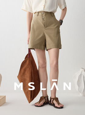【半松紧腰】MSLAN春夏时尚卡其色两粒扣宽松棉质短裤MFCE6102