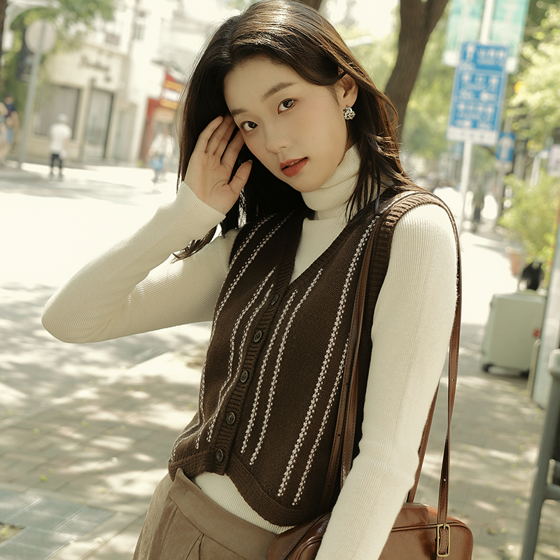 MSLAN摩卡秋日 复古条纹宽松V领背心重工叠穿费尔岛马夹