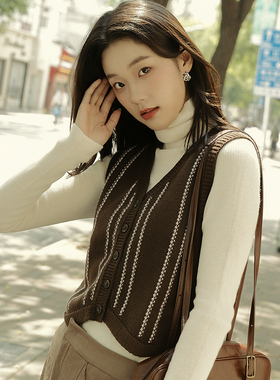 MSLAN摩卡秋日 复古条纹宽松V领背心重工叠穿费尔岛马夹