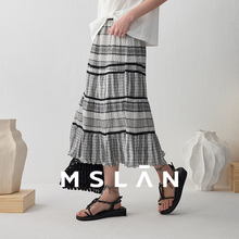 MSLAN艺术系女孩 透气肌理长裙A字拼接撞色飘逸半身裙MECV8202