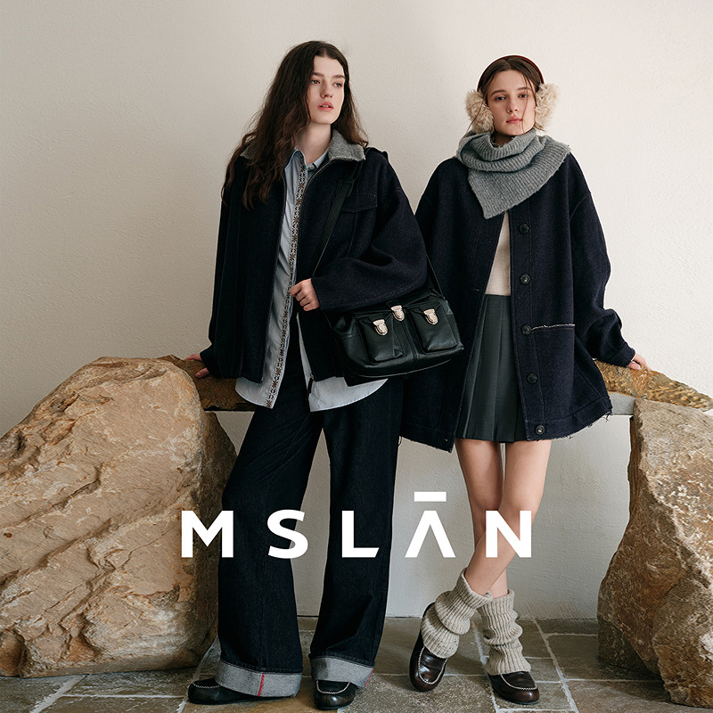 MSLAN解构丹宁 围脖式仿牛仔双面呢外套松弛感落肩真两件毛呢大