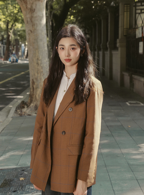 美拉德/MSLAN时尚撞色领26春冬复古通勤格纹廓形拼接西装外套