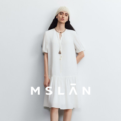 松弛亚麻/MSLAN气质小宽松V领优雅清爽镂空绣花A摆连衣裙MHCL004