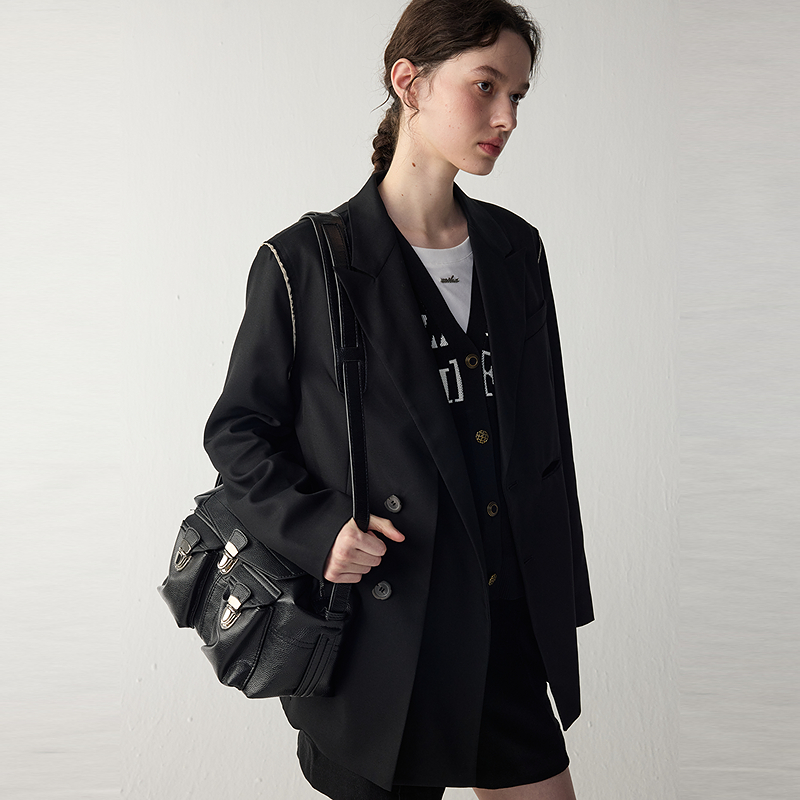 MSLAN早秋时尚明线黑色西装外套