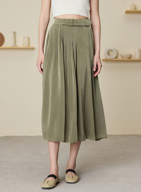 【复古绿丝绒】MSLAN春季松紧腰纯色压褶条绒中裙半身裙MEAM8202