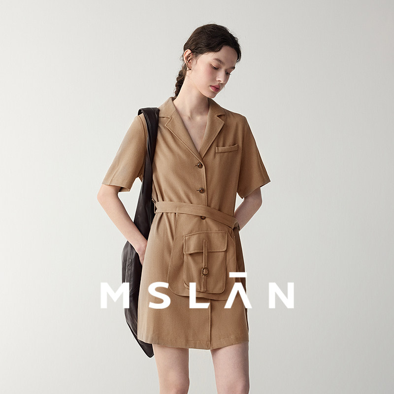 老钱风/MSLAN26春气质翻领收腰系带休闲西装连衣裙