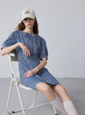 MSLAN商场同款秋季时尚复古女泡泡袖牛仔连衣裙MECM4114