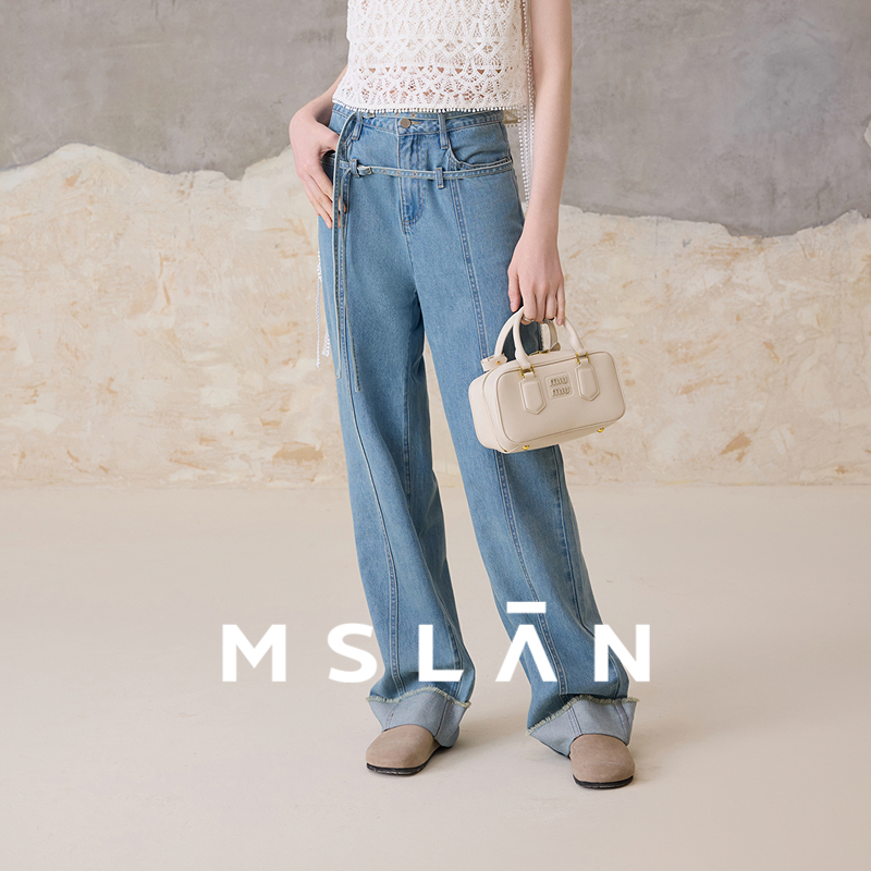 氧气丹宁/MSLAN莱赛尔直筒裤 透气浅蓝色双腰带牛仔裤女MGBK569
