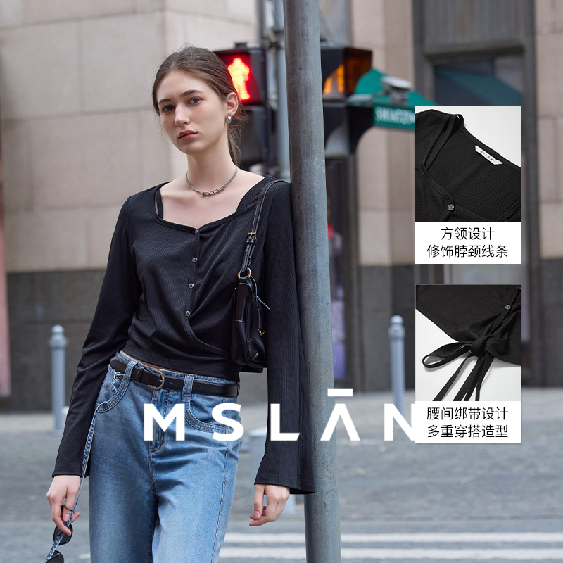 通勤小衫/MSLAN25秋 慵懒肌理感薄款套衫 方领绑带黑色显瘦针织衫